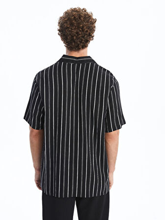 XSIDE Siyah Regular Fit Kısa Kollu Çizgili Viskon Erkek Gömlek