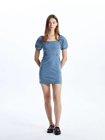 XSIDE Mavi Kare Yaka Kadın Jean Elbise