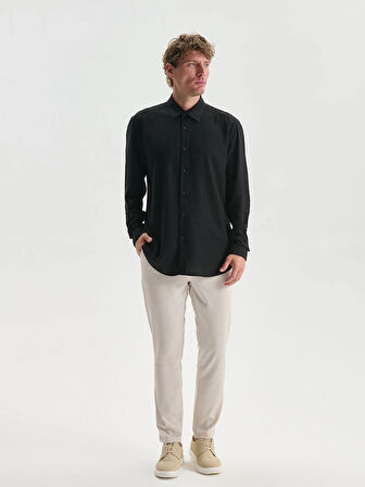 LCW Vision Siyah Slim Fit Uzun Kollu Keten Karışımlı Erkek Gömlek