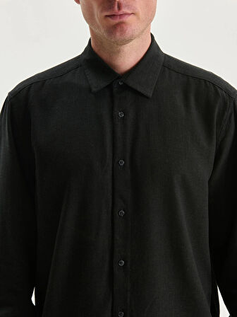 LCW Vision Siyah Slim Fit Uzun Kollu Keten Karışımlı Erkek Gömlek