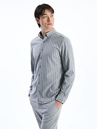 SOUTHBLUE Gri Slim Fit Uzun Kollu Çizgili Erkek Gömlek