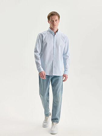 LCW Vision Mavi Regular Fit Uzun Kollu Keten Karışımlı Erkek Gömlek