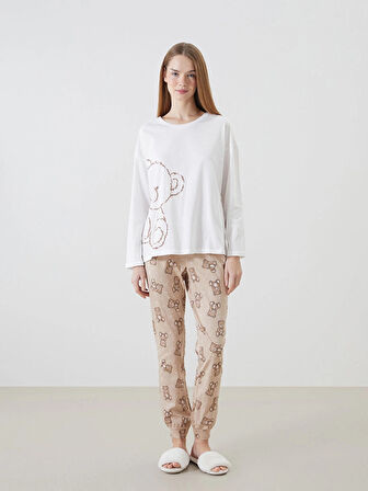 LCW Young Bej Bisiklet Yaka Baskılı Kadın Pijama Takımı
