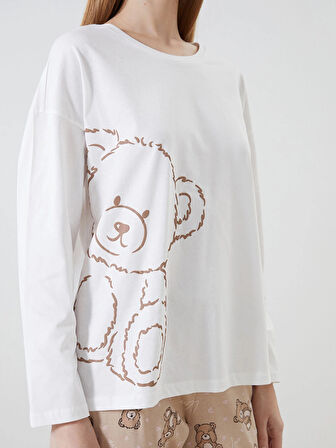 LCW Young Bej Bisiklet Yaka Baskılı Kadın Pijama Takımı