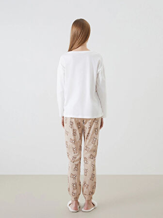 LCW Young Bej Bisiklet Yaka Baskılı Kadın Pijama Takımı