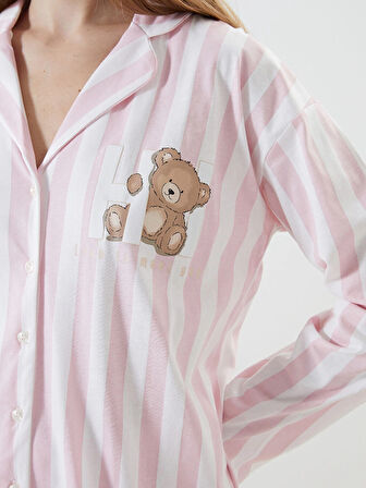 LCW Young Ekru Gömlek Yaka Çizgili Kadın Pijama Takımı