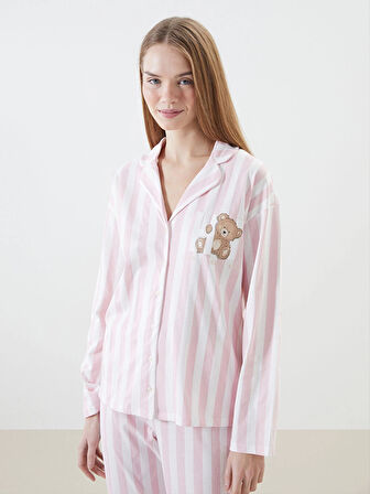 LCW Young Ekru Gömlek Yaka Çizgili Kadın Pijama Takımı