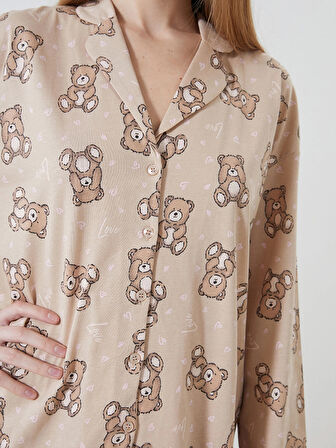 LCW Young BEJ Gömlek Yaka Desenli Kadın Pijama Takımı