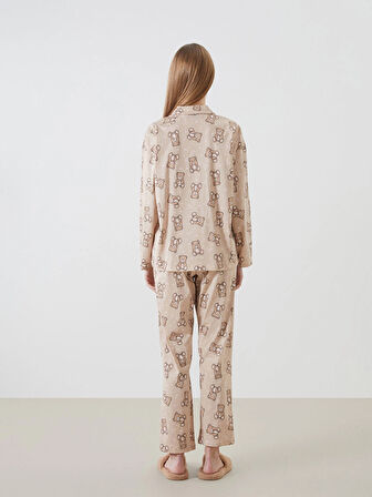LCW Young BEJ Gömlek Yaka Desenli Kadın Pijama Takımı