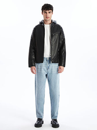 XSIDE Siyah Slim Fit Kapüşonlu Erkek Deri Görünümlü Mont