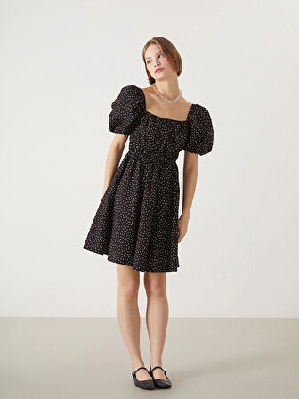 XSIDE SİYAH Kare Yaka Puantiyeli Poplin Kadın Elbise