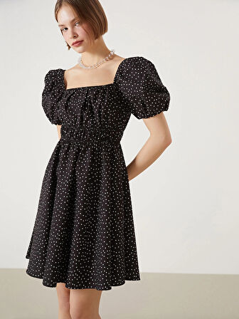 XSIDE SİYAH Kare Yaka Puantiyeli Poplin Kadın Elbise