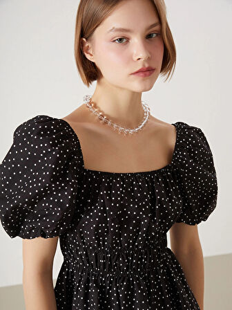 XSIDE SİYAH Kare Yaka Puantiyeli Poplin Kadın Elbise