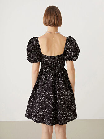 XSIDE SİYAH Kare Yaka Puantiyeli Poplin Kadın Elbise