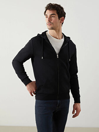 LCWAIKIKI Basic Siyah Kapüşonlu Uzun Kollu Erkek Fermuarlı Sweatshirt
