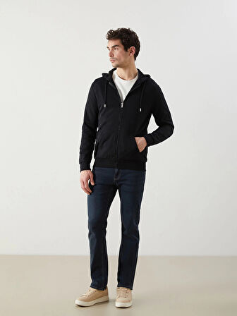LCWAIKIKI Basic Siyah Kapüşonlu Uzun Kollu Erkek Fermuarlı Sweatshirt
