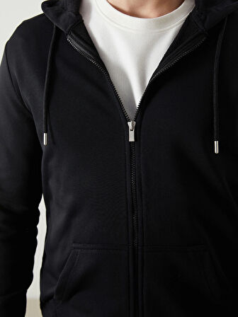 LCWAIKIKI Basic Siyah Kapüşonlu Uzun Kollu Erkek Fermuarlı Sweatshirt
