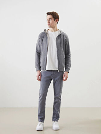 LCWAIKIKI Basic Gri Kapüşonlu Uzun Kollu Erkek Fermuarlı Sweatshirt