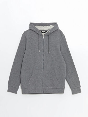 LCWAIKIKI Basic Gri Kapüşonlu Uzun Kollu Erkek Fermuarlı Sweatshirt