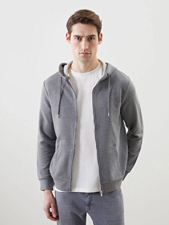 LCWAIKIKI Basic Gri Kapüşonlu Uzun Kollu Erkek Fermuarlı Sweatshirt