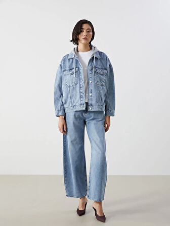 LCW Vision Indigo Kapüşonlu Oversize Kadın Jean Ceket