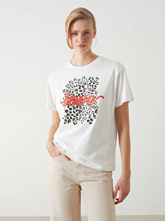 LCW Vision Ekru Bisiklet Yaka Baskılı Kadın Tişört