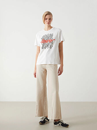 LCW Vision Ekru Bisiklet Yaka Baskılı Kadın Tişört