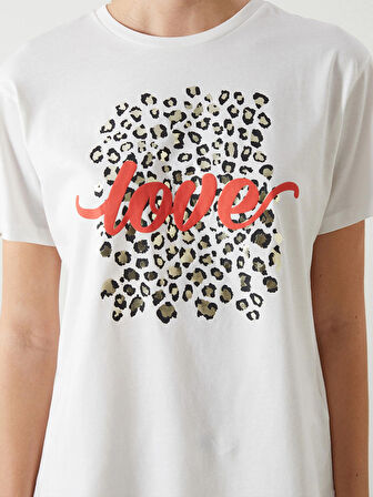 LCW Vision Ekru Bisiklet Yaka Baskılı Kadın Tişört