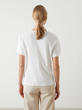 LCW Vision Ekru Bisiklet Yaka Baskılı Kadın Tişört