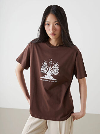 LCW Vision Kahverengi Bisiklet Yaka Baskılı Kadın Tişört