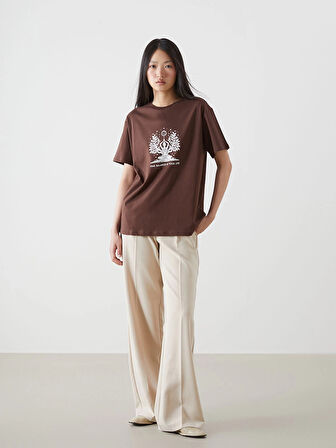 LCW Vision Kahverengi Bisiklet Yaka Baskılı Kadın Tişört