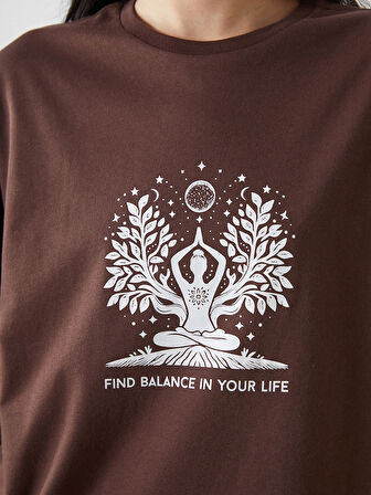 LCW Vision Kahverengi Bisiklet Yaka Baskılı Kadın Tişört