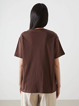 LCW Vision Kahverengi Bisiklet Yaka Baskılı Kadın Tişört