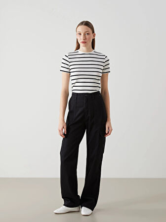 LCW Vision Siyah Bisiklet Yaka Çizgili Kadın Tişört