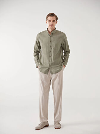 LCWAIKIKI Classic Yeşil Regular Fit Uzun Kollu Keten Karışımlı Erkek Gömlek