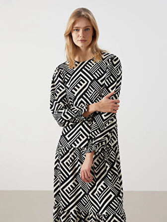 LCW Comfort SİYAH Bisiklet Yaka Desenli Kadın Elbise