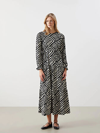 LCW Comfort SİYAH Bisiklet Yaka Desenli Kadın Elbise