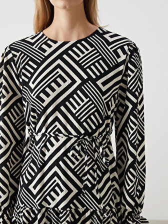 LCW Comfort SİYAH Bisiklet Yaka Desenli Kadın Elbise