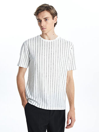 LCW Vision Beyaz Bisiklet Yaka Kısa Kollu Çizgili Erkek Dokulu Tişört