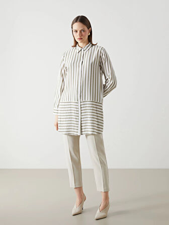 LCWAIKIKI Classic HAKİ Çizgili Kadın Gömlek Tunik