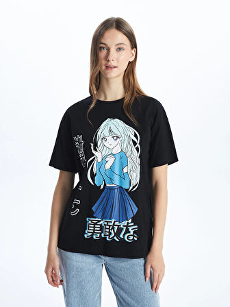 XSIDE Siyah Bisiklet Yaka Anime Baskılı Kadın Tişört