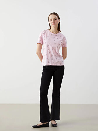 XSIDE Pembe Bisiklet Yaka Desenli Kadın Tişört