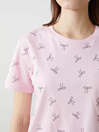 XSIDE Pembe Bisiklet Yaka Desenli Kadın Tişört