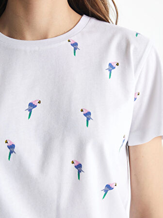 XSIDE Beyaz Bisiklet Yaka Desenli Kadın Tişört