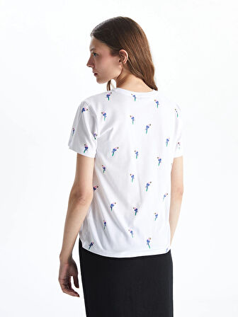 XSIDE Beyaz Bisiklet Yaka Desenli Kadın Tişört
