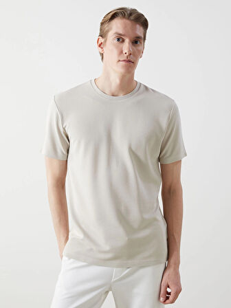 LCW Vision Bej Bisiklet Yaka Kısa Kollu Erkek Tişört