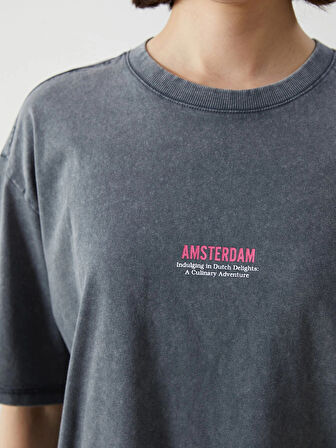 LCW Vision Antrasit Bisiklet Yaka Amsterdam Baskılı Oversize Kadın Tişört