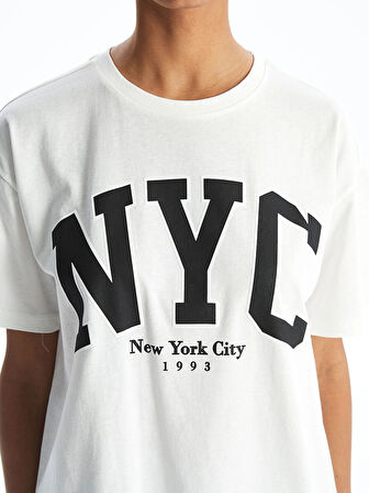 XSIDE Ekru Bisiklet Yaka New York Baskılı Kadın Tişört