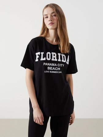 XSIDE Siyah Bisiklet Yaka Florida Baskılı Kadın Tişört