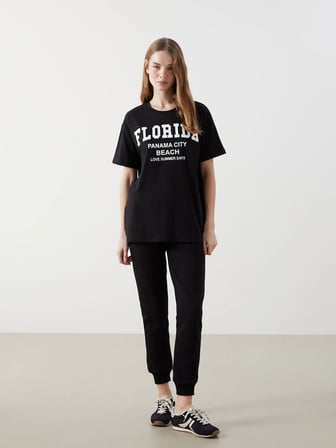 XSIDE Siyah Bisiklet Yaka Florida Baskılı Kadın Tişört